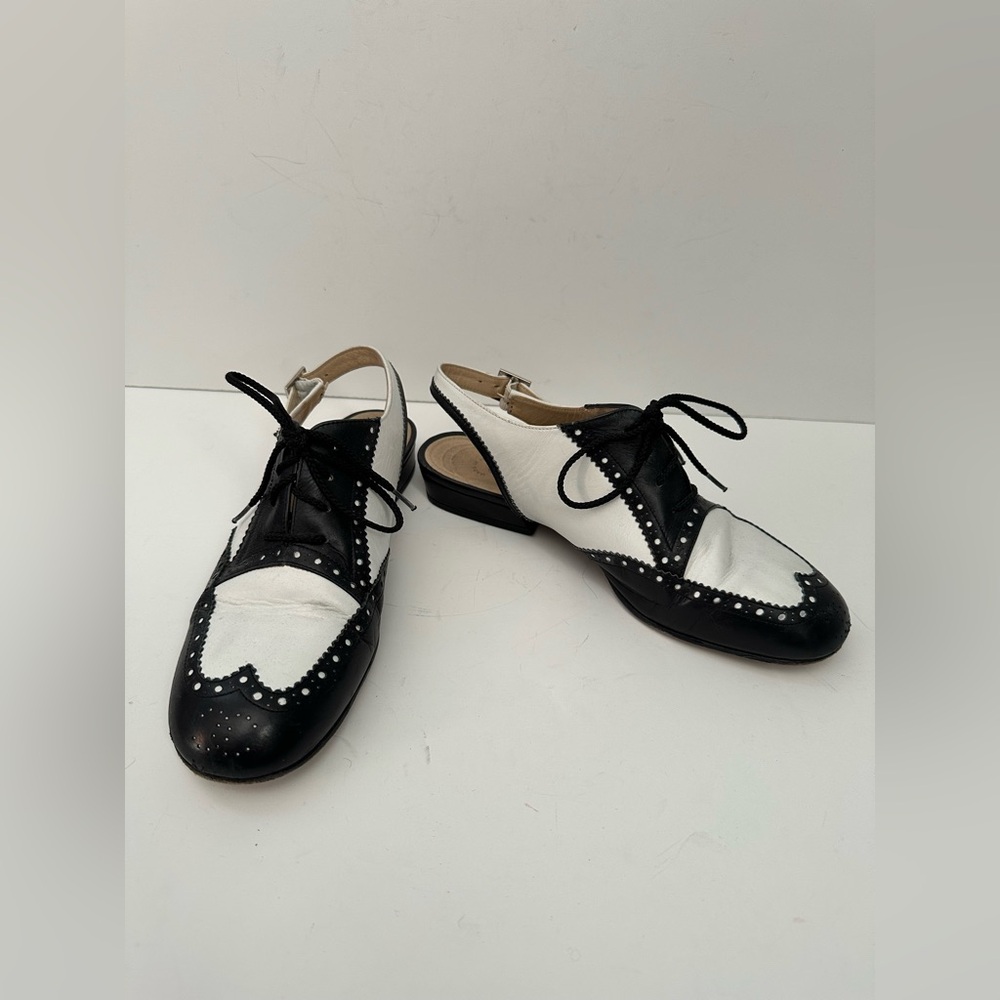Chanel Lace up Black & White Sling Back Flats
